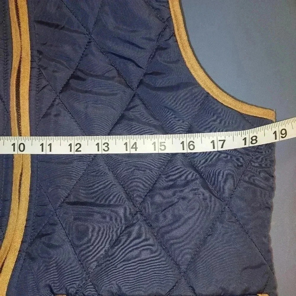 Takara Diamond Quilted Puffer Vest Navy Blue & Brown Faux Suede Size Medium - Picture 2 of 10